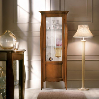 Vetrina sagomata 1 anta con vetro curvo e legno noce