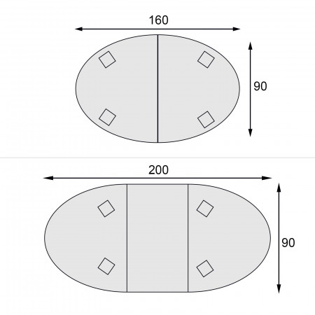 Tavolo ovale allungabile 160x90 a 200x90 diagramma misure
