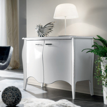 Credenza bombata bianca con due ante, dettaglio sagomatura