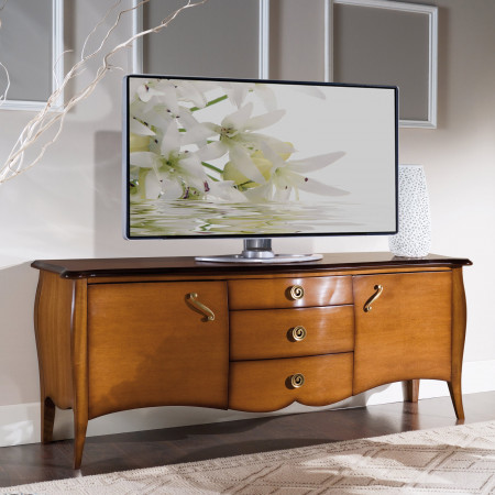 Porta tv bombato classico in legno noce con cassetti
