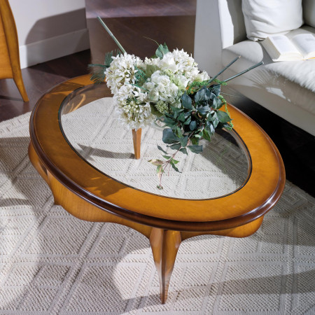 Tavolino ovale medio con piano in legno e fiori