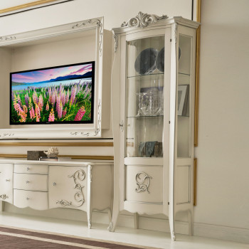 Vetrina sagomata 1 anta destra, dettagli intagliati