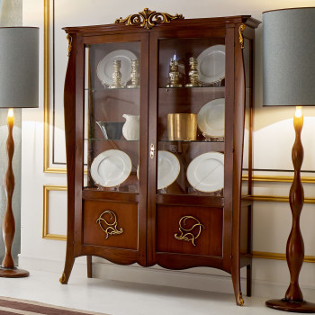 Vetrina sagomata 2 porte, intagli dorati, legno scuro