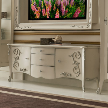 Porta TV due ante tre cassetti, dettagli intagliati