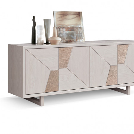 Madia in frassino con formelle effetto muro platino, dettaglio design