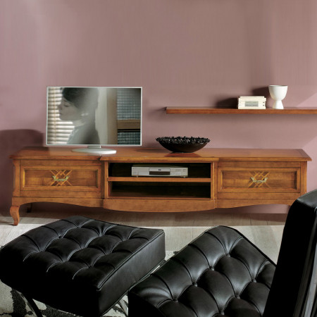 Porta TV con intarsio classico in legno e gambe curve