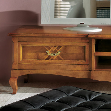 Porta tv con intarsio classico in legno, dettaglio cassetto