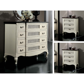 Gruppo comò e comodini con paglia Vienna, dettaglio cassetti curvi