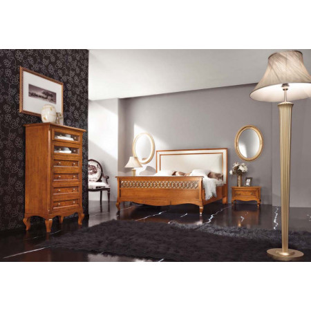 Letto con testata ecopelle, decorazione traforata e cornici