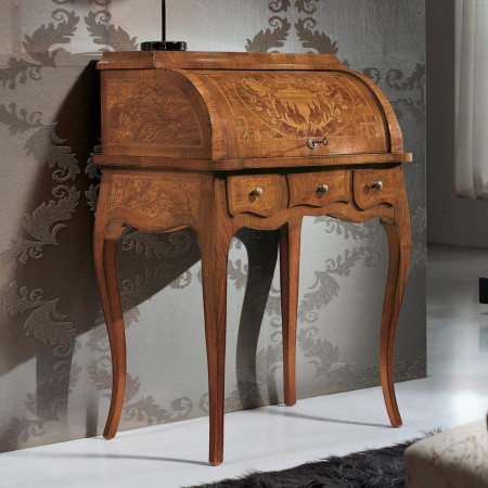 Bureau sagomato intarsiato con dettagli in legno massello