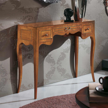 Consolle lastronata in legno, gambe curve eleganti