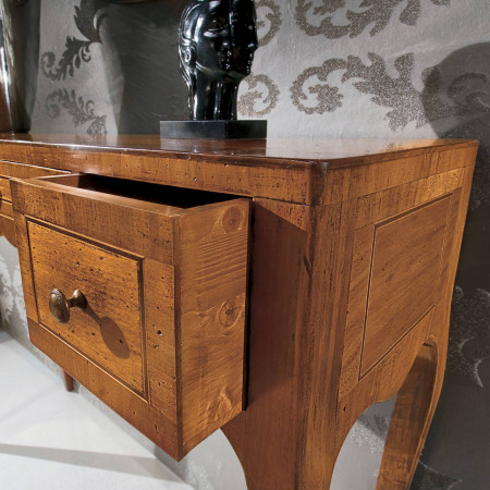 Consolle lastronata in legno con cassetto estratto