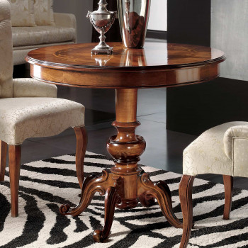 Tavolino rotondo intarsiato con piede intagliato