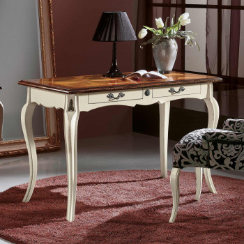 Scrivania con intarsio stella, piano in legno intarsiato