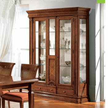 Vetrina intarsiata in legno massello con vetri e cassetti