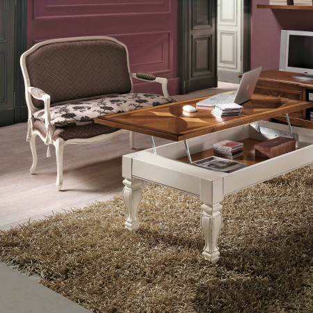 Tavolino piano rialzabile in legno intarsiato