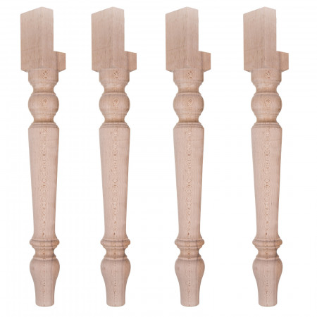 Dettaglio del set di 4 gambe tornite per tavolo in legno grezzo