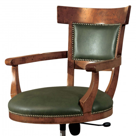 Poltrona girevole legno e pelle, dettaglio bracciolo