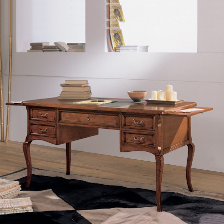 Scrivania con piano in ecopelle e gambe in legno