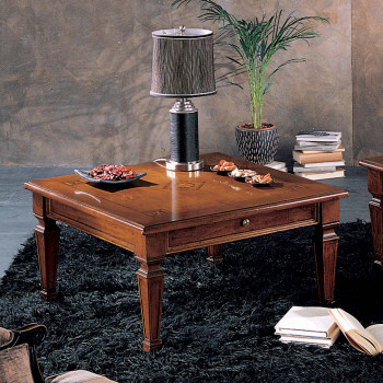 Tavolino 1 cassetto 90x90, intarsiato, con lampada