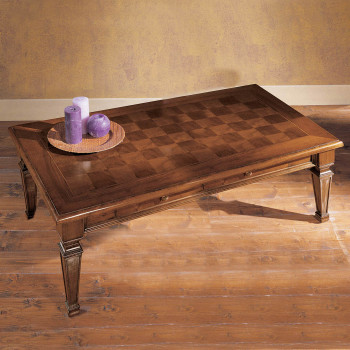 Tavolino 130x70 intarsio scacchi con candele decorative