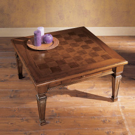 Tavolino 90x90, intarsio scacchi, legno massello Tavolino 90x90 1 cassetto dettagli intarsio a scacchi