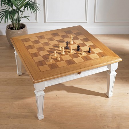 Tavolino 90x90 1 cassetto intarsiato scacchi