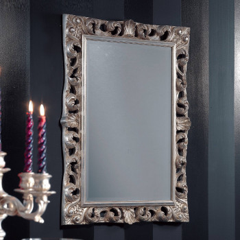 Specchiera barocca finitura con foglia argento, cornice intagliata
