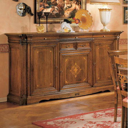 Credenzone intarsiato 4 cassetti in legno di noce