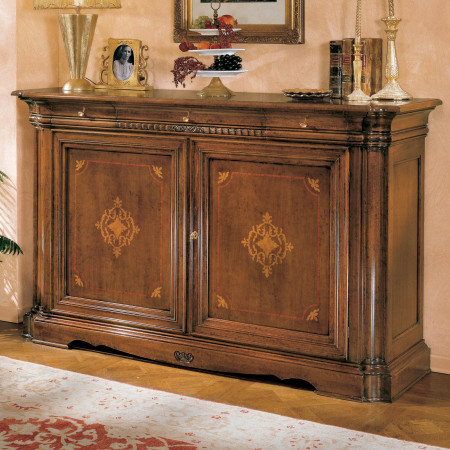 Credenza 2 porte intarsiata in legno intagliato, dettaglio intarsio floreale