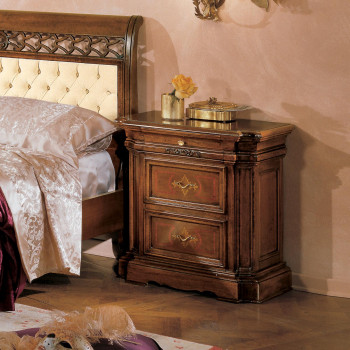 Comodino spalle sagomate e 2 cassetti, dettaglio intarsio