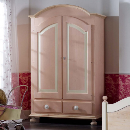 Cameretta in legno di abete massello in tinta rosa con dettagli bianchi