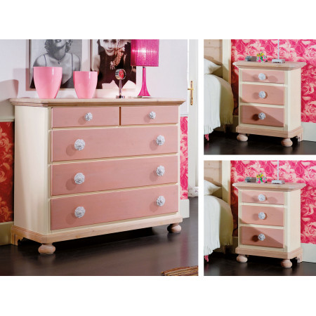 Comò e comodino in legno abete massello, finitura rosa