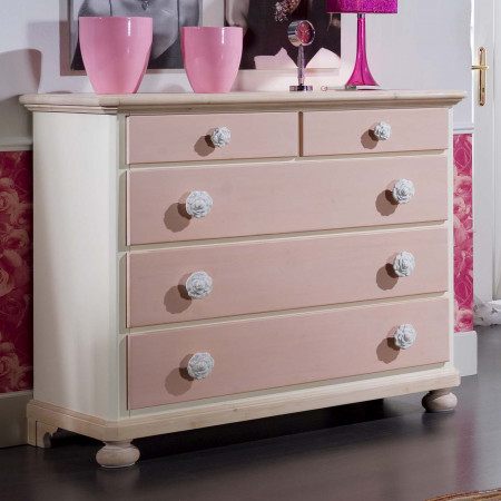 Cameretta in legno di abete massello in tinta rosa con dettagli bianchi