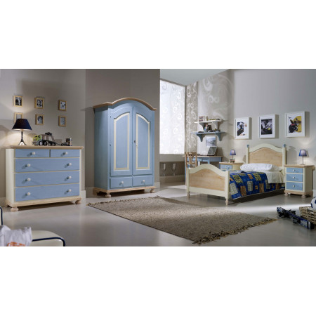 Testiera in legno massello di abete con dettagli colorati