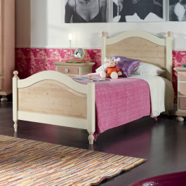 Letto in legno di abete massello, dettagli rosa Letto in legno di abete massello con dettagli rosa