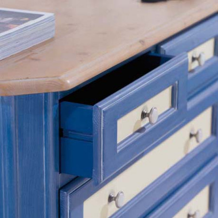 Comò blu con cassetti e piano in legno di abete