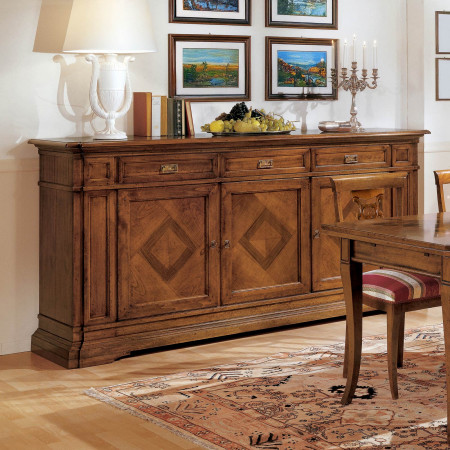 Credenza con 3 porte e cassetti in legno toulipier, intarsi noce