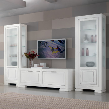 Composizione soggiorno 1 con vetrine in legno massello bianco