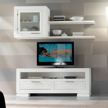 Composizione soggiorno 3, mobili in legno massello bianco con TV