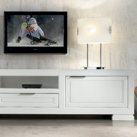 Composizione soggiorno 4, dettaglio base TV legno bianco