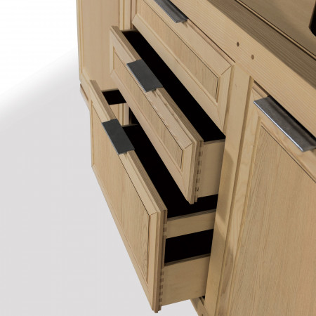 Credenza moderna 2 porte 2 cassetti, dettaglio legno frassino
