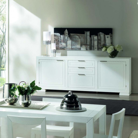 Credenza moderna 2 porte 2 cassetti e cestone, dettaglio ambientato