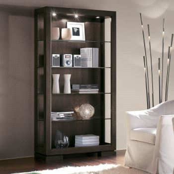 Libreria a giorno in legno di frassino, ripiani in vetro