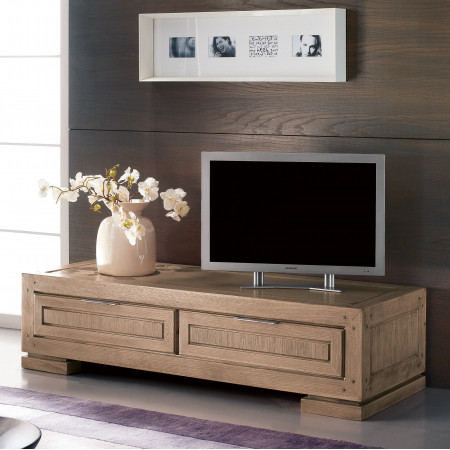 Base con cassetti in legno massello con TV sopra