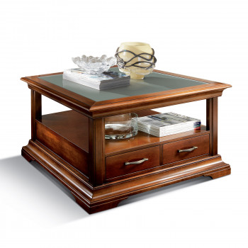 Tavolino Edera quadrato con piano in vetro e cassetti