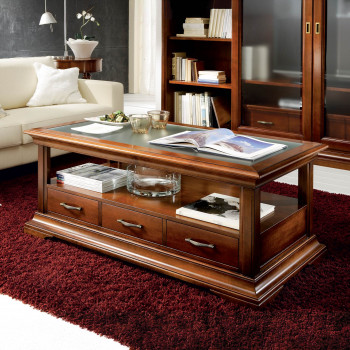 Tavolino Edera rettangolare con piano in vetro e cassetti