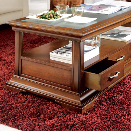 Tavolino Edera rettangolare con piano in vetro e cassetti