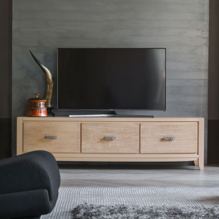 Porta TV sagomato con tre cassetti e decoro onda