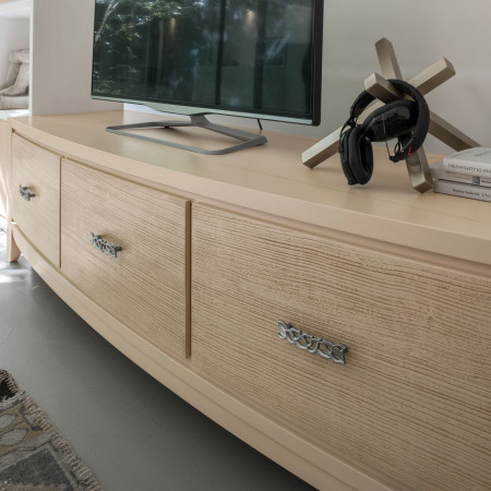 Porta TV sagomato con tre cassetti, dettaglio decoro onda